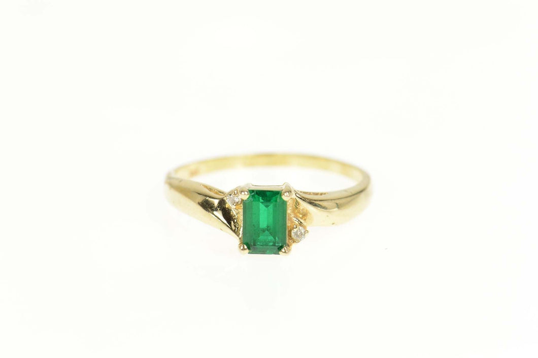 14K Emerald Cut Syn. Emerald Diamond Accent Ring Size 8 Yellow Gold