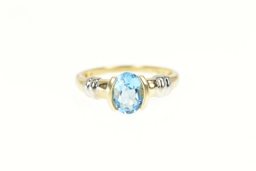 14K Oval Blue Topaz Two Tone Statement Classic Ring Size 7 Yellow Gold