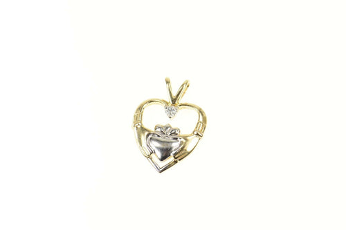 14K Two Tone Claddagh Diamond Heart Love Pendant Yellow Gold