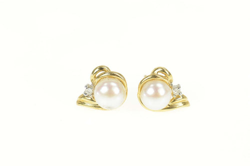 14K Classic Pearl Diamond Accent Stud Earrings Yellow Gold