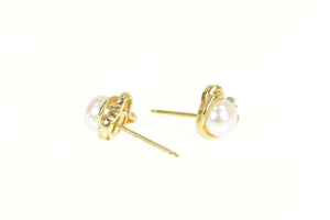 14K Classic Pearl Diamond Accent Stud Earrings Yellow Gold