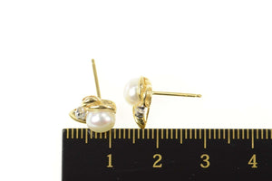 14K Classic Pearl Diamond Accent Stud Earrings Yellow Gold
