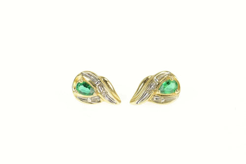 10K Pear Syn. Emerald Diamond Accent Stud Earrings Yellow Gold