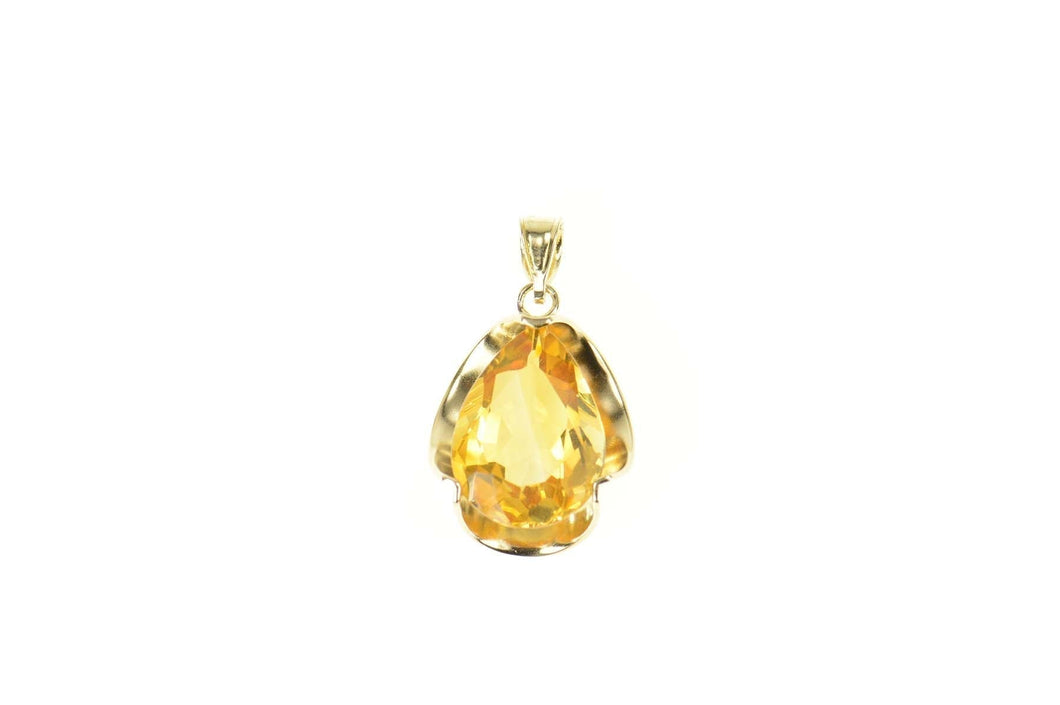 14K Pear Citrine Solitaire Curved Gypsy Pendant Yellow Gold