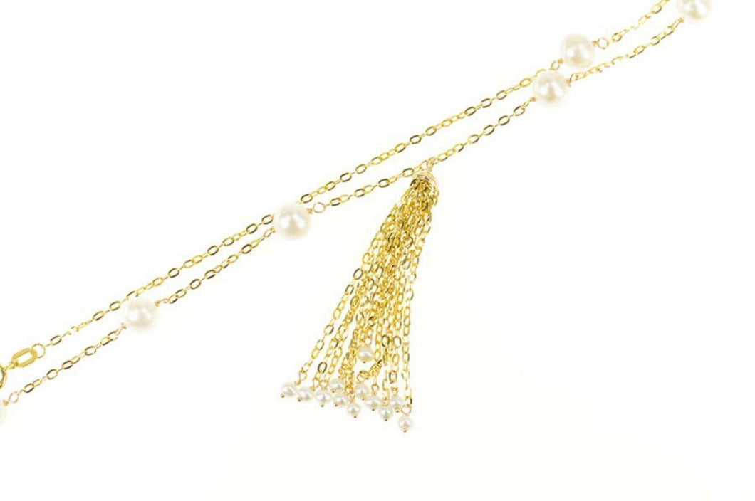 14K Pearl Fringe Tassel Dangle Chain Link Necklace 18