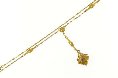 14K Victorian Rose Cut Diamond Squared Drop Necklace 16.75