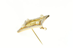 18K Art Nouveau Lady Rose Diamond Frame Pearl Pin/Brooch Yellow Gold