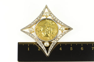 18K Art Nouveau Lady Rose Diamond Frame Pearl Pin/Brooch Yellow Gold