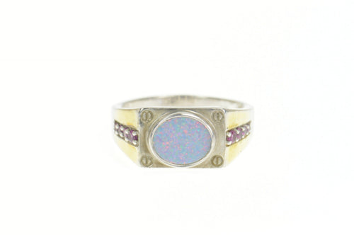 Sterling Silver Squared Syn. Black Opal Syn. Ruby Men's Ring Size 14.25