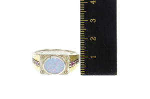 Sterling Silver Squared Syn. Black Opal Syn. Ruby Men's Ring Size 14.25