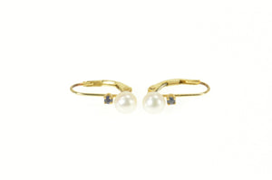 14K Pearl Sapphire Accent Classic Lever Back Earrings Yellow Gold