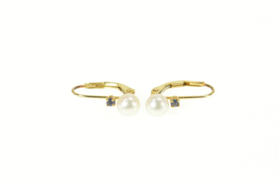 14K Pearl Sapphire Accent Classic Lever Back Earrings Yellow Gold