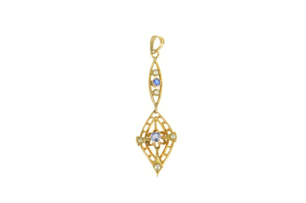 10K Victorian Seed Pearl Sim. Sapphire Drop Pendant Yellow Gold