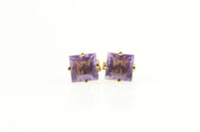 Load image into Gallery viewer, 14K Square Princess Amethyst Solitaire Stud Earrings Yellow Gold