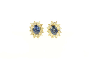 14K Oval Sapphire Diamond Halo Classic Stud Earrings Yellow Gold