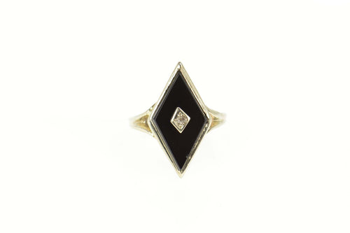 14K Art Deco Black Onyx Diamond Accent Statement Ring Size 4.75 White Gold