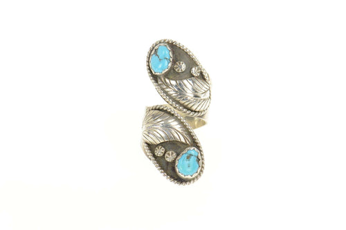 Sterling Silver Native American Turquoise Leaf Bypass Navajo Ring Size 6.25