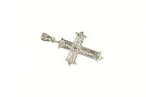 10K Baguette & Round Diamond Cross Christian Pendant White Gold