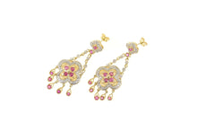 Load image into Gallery viewer, 14K Flower Ruby Diamond Chain Dangle Fringe Earrings Yellow Gold