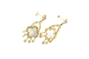 14K Flower Ruby Diamond Chain Dangle Fringe Earrings Yellow Gold
