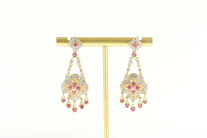14K Flower Ruby Diamond Chain Dangle Fringe Earrings Yellow Gold