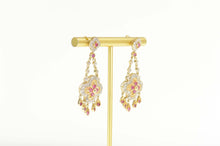 Load image into Gallery viewer, 14K Flower Ruby Diamond Chain Dangle Fringe Earrings Yellow Gold
