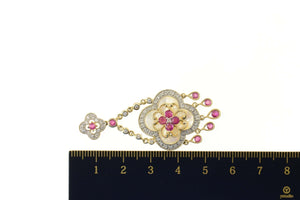 14K Flower Ruby Diamond Chain Dangle Fringe Yellow Gold
