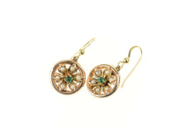 Load image into Gallery viewer, 14K 1940&#39;s Sim. Emerald Seed Pearl Flower Dangle Earrings Yellow Gold