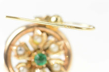 Load image into Gallery viewer, 14K 1940&#39;s Sim. Emerald Seed Pearl Flower Dangle Earrings Yellow Gold