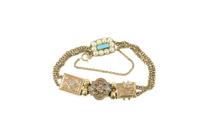 14K Victorian Turquoise Etched Slide Charm Bracelet 6" Yellow Gold