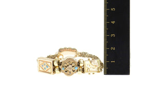 14K Victorian Turquoise Etched Slide Charm Bracelet 6" Yellow Gold