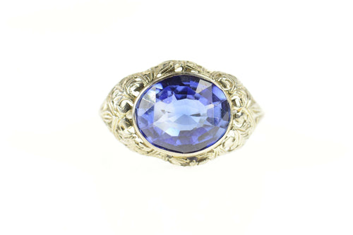 14K Art Deco Filigree Syn. Sapphire Engagement Ring Size 6 White Gold