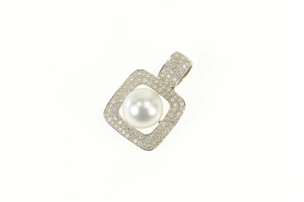 14K 2.70 Pave Diamond Pearl Square Statement Pendant White Gold