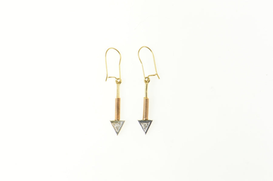 14K Two Tone Diamond Arrow Ornate Dangle Earrings Yellow Gold