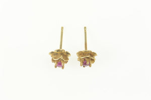 14K Natural Ruby Rose Flower 3D Floral Stud Earrings Yellow Gold