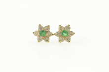 Load image into Gallery viewer, 14K Round Emerald Diamond Halo Flower Stud Earrings Yellow Gold