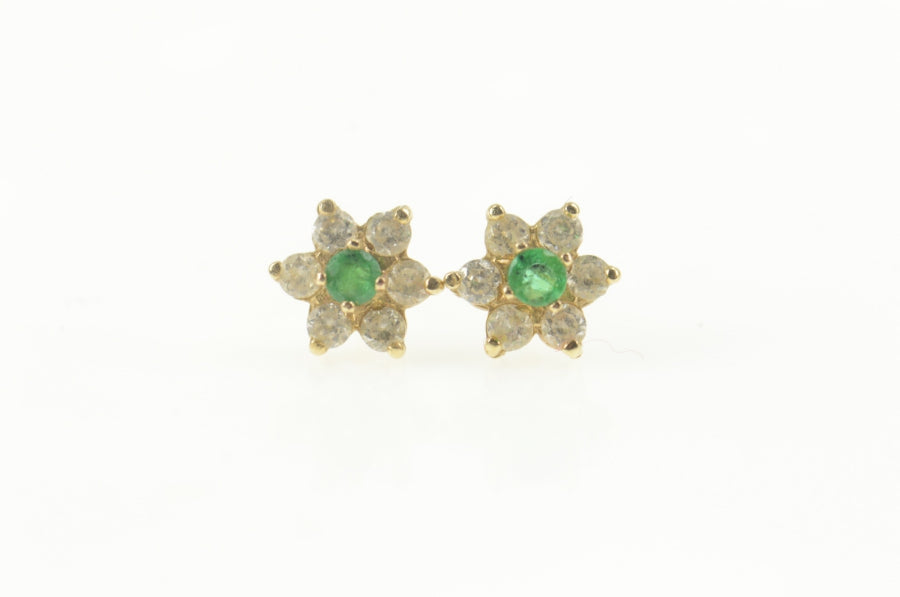 14K Round Emerald Diamond Halo Flower Stud Earrings Yellow Gold