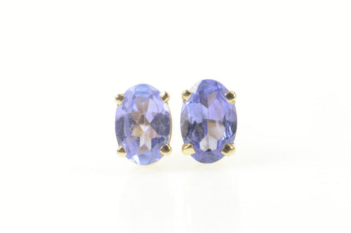 14K Oval Tanzanite Solitaire Classic Simple Stud Earrings Yellow Gold