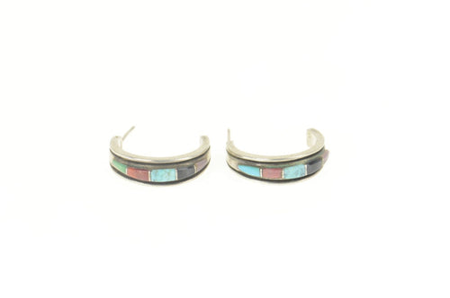 Sterling Silver Begay Native American Turquoise Coral Hoop Earrings