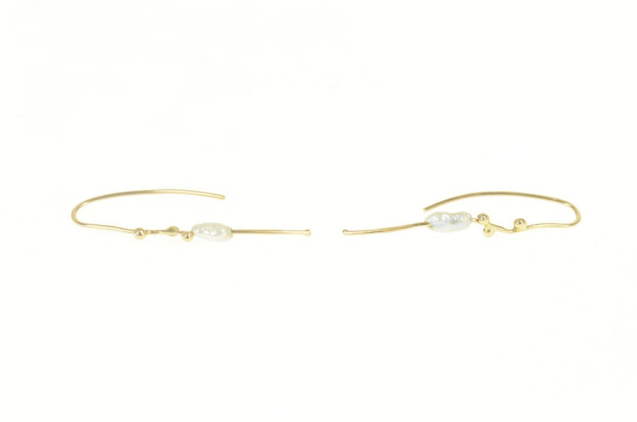 14K Pearl Modernist Branch Curved Bar Dangle Earrings Yellow Gold