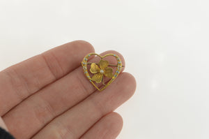 14K Victorian Seed Pearl Enamel Heart Clover Pin/Brooch Yellow Gold