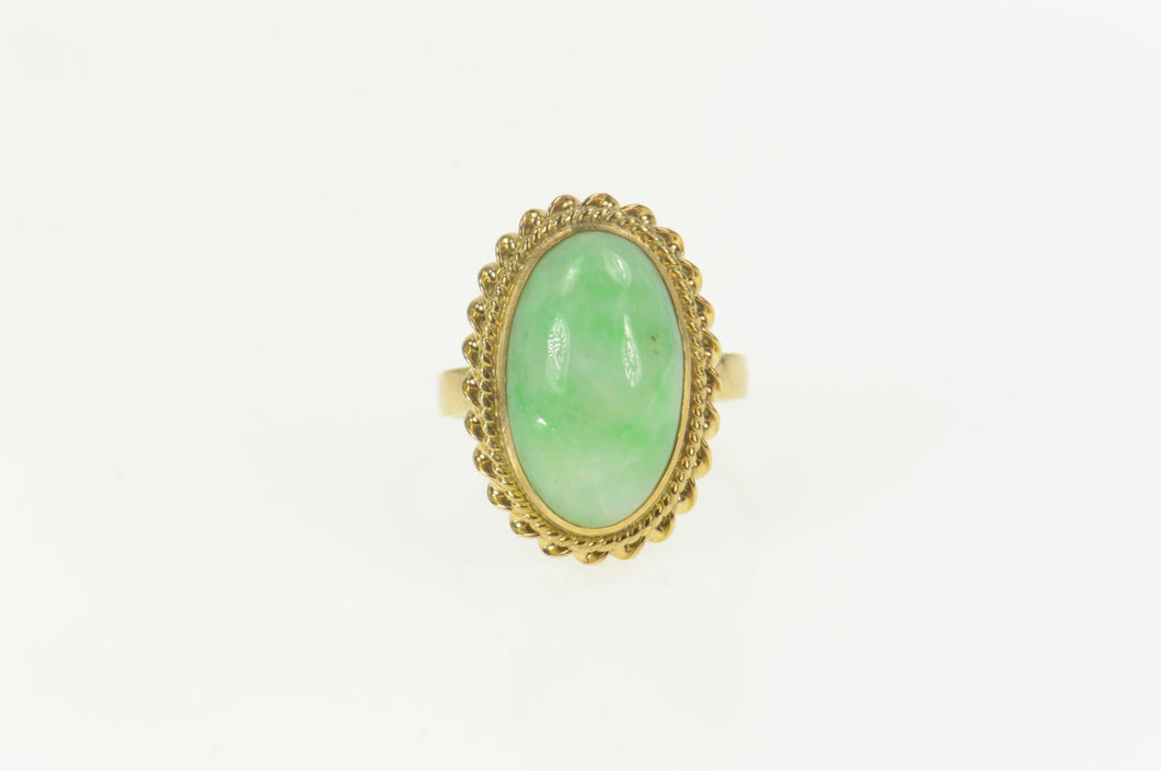 14K 1960's Jade Oval Cabochon Twist Trim Cocktail Ring Size 6.5 Yellow Gold