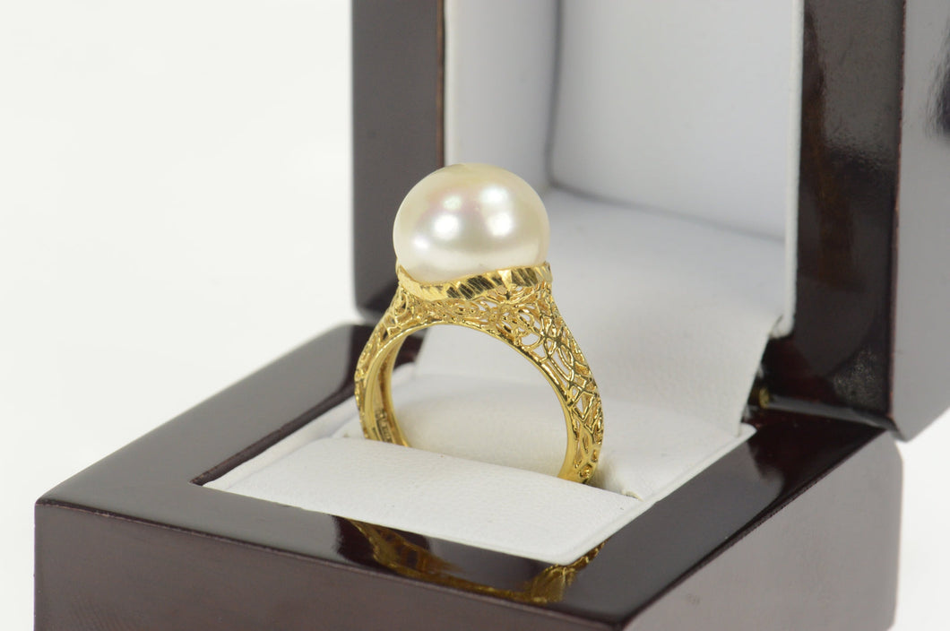14K Pearl Swirl Filigree Statement Cocktail Ring Size 7.25 Yellow Gold