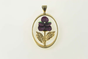 Gold Filled Enamel Purple Pansy Retro Flower Oval Pendant