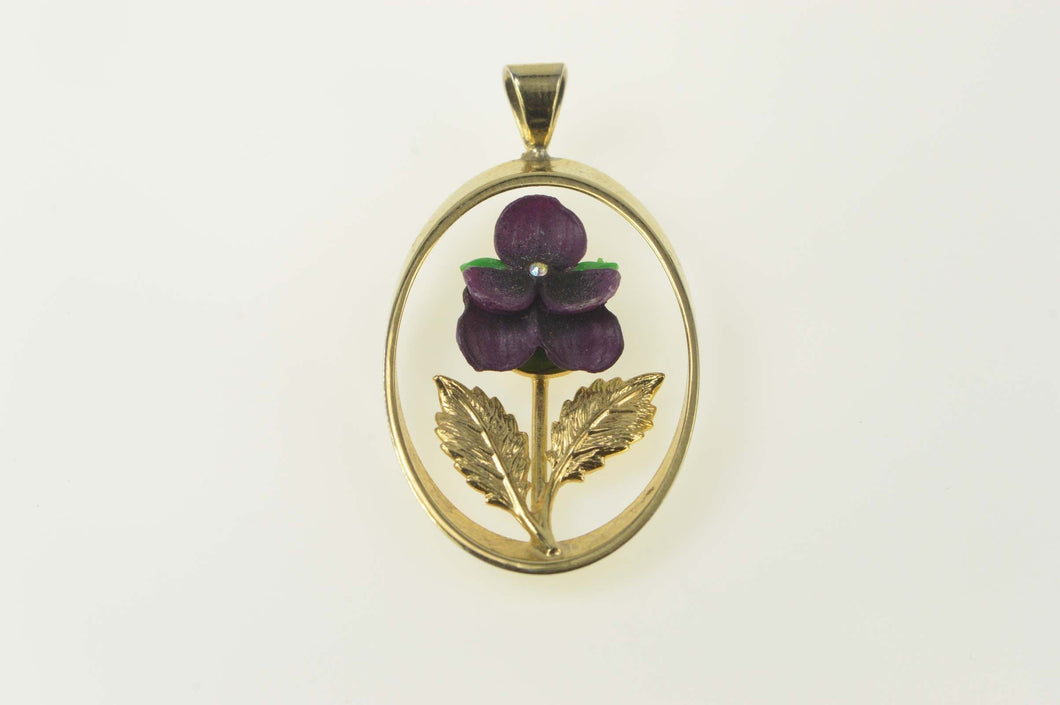 Gold Filled Enamel Purple Pansy Retro Flower Oval Pendant