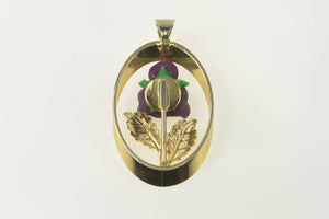 Gold Filled Enamel Purple Pansy Retro Flower Oval Pendant