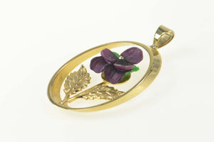 Gold Filled Enamel Purple Pansy Retro Flower Oval Pendant