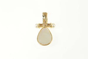 14K Pear Tear Drop Pearl Bar Accent Statement Pendant Yellow Gold