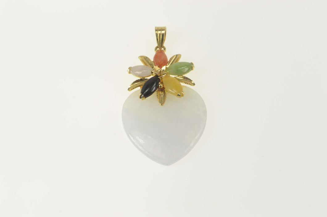 14K Lilac Jade Heart Flower Cluster Statement Pendant Yellow Gold