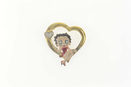 Sterling Silver Diamond Betty Boop Enamel Heart Valentine Charm/Pendant